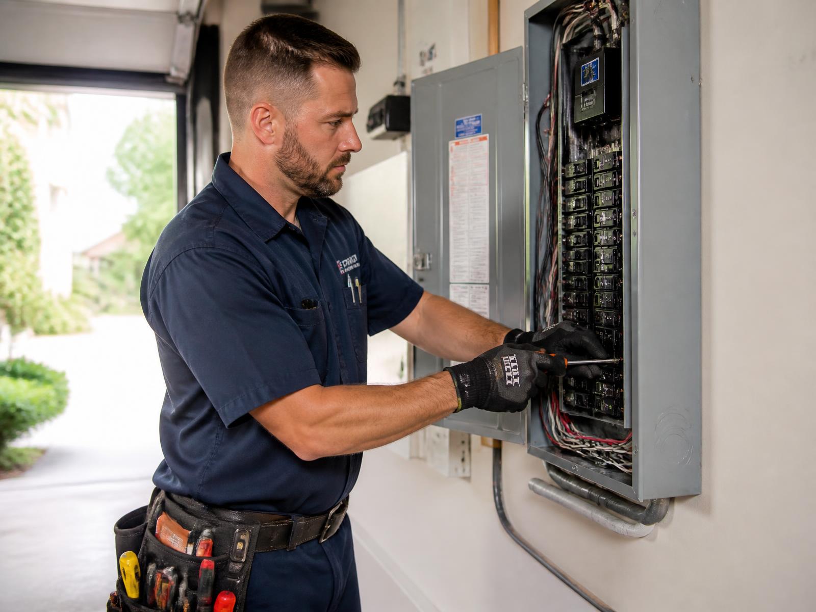 Electrician working inside a residential electrical panel in Oakboro, NC